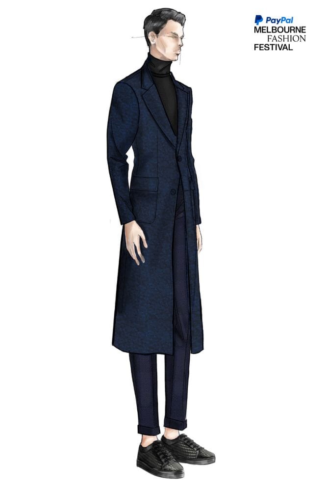 LOOK 10 - Long Carter Coat in Boiled Navy Wool and Navy Wool Gabardine Cali Trousers + The Marais Sneaker in Navy Patent Leather