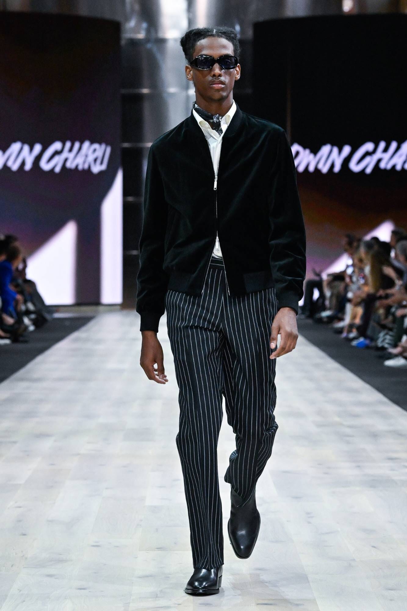 LOOK 2 Black Velvet Bomber Jacket Black Rope Stripe Trouser and Whi