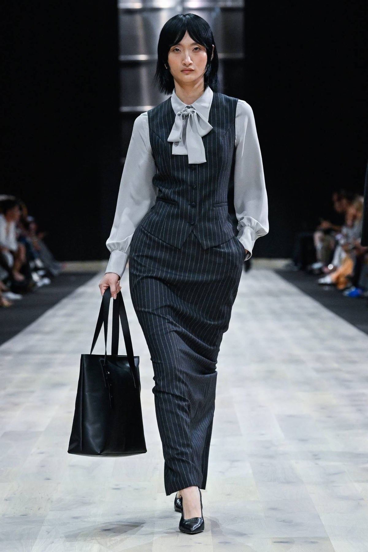 LOOK 5 - Dark Grey Chalk Stripe Aria Long Skirt With Matching Carla Vest + Grey Silk Blakely Blouse
