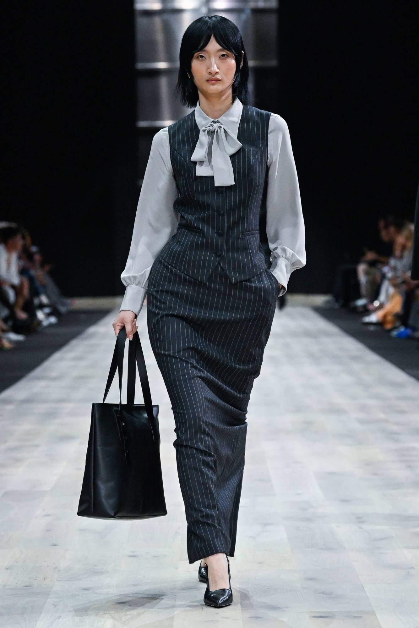 LOOK 5 - Dark Grey Chalk Stripe Aria Long Skirt With Matching Carla Vest + Grey Silk Blakely Blouse