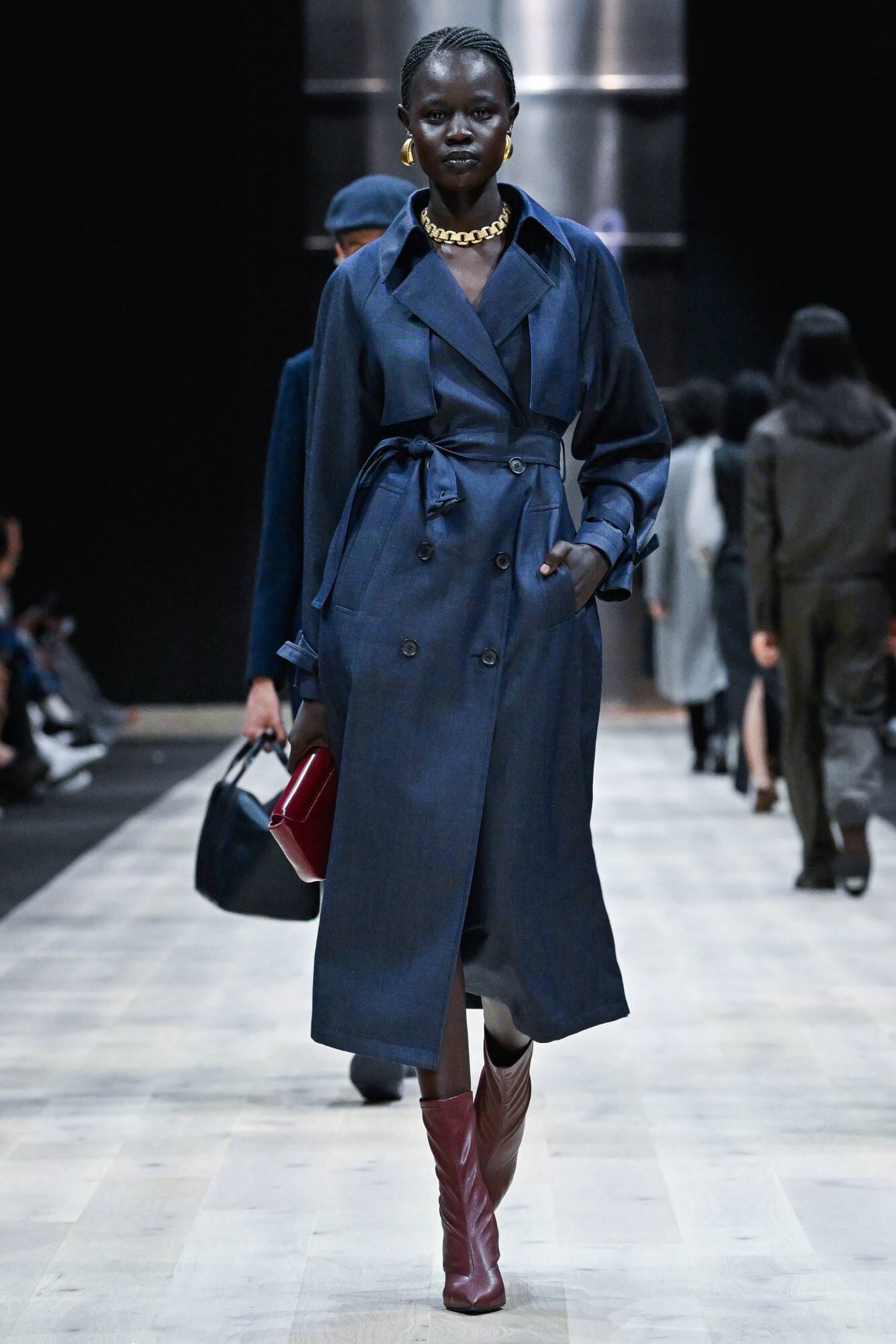 LOOK Maddie Long Trench Coat in Denim Wool Gabardine
