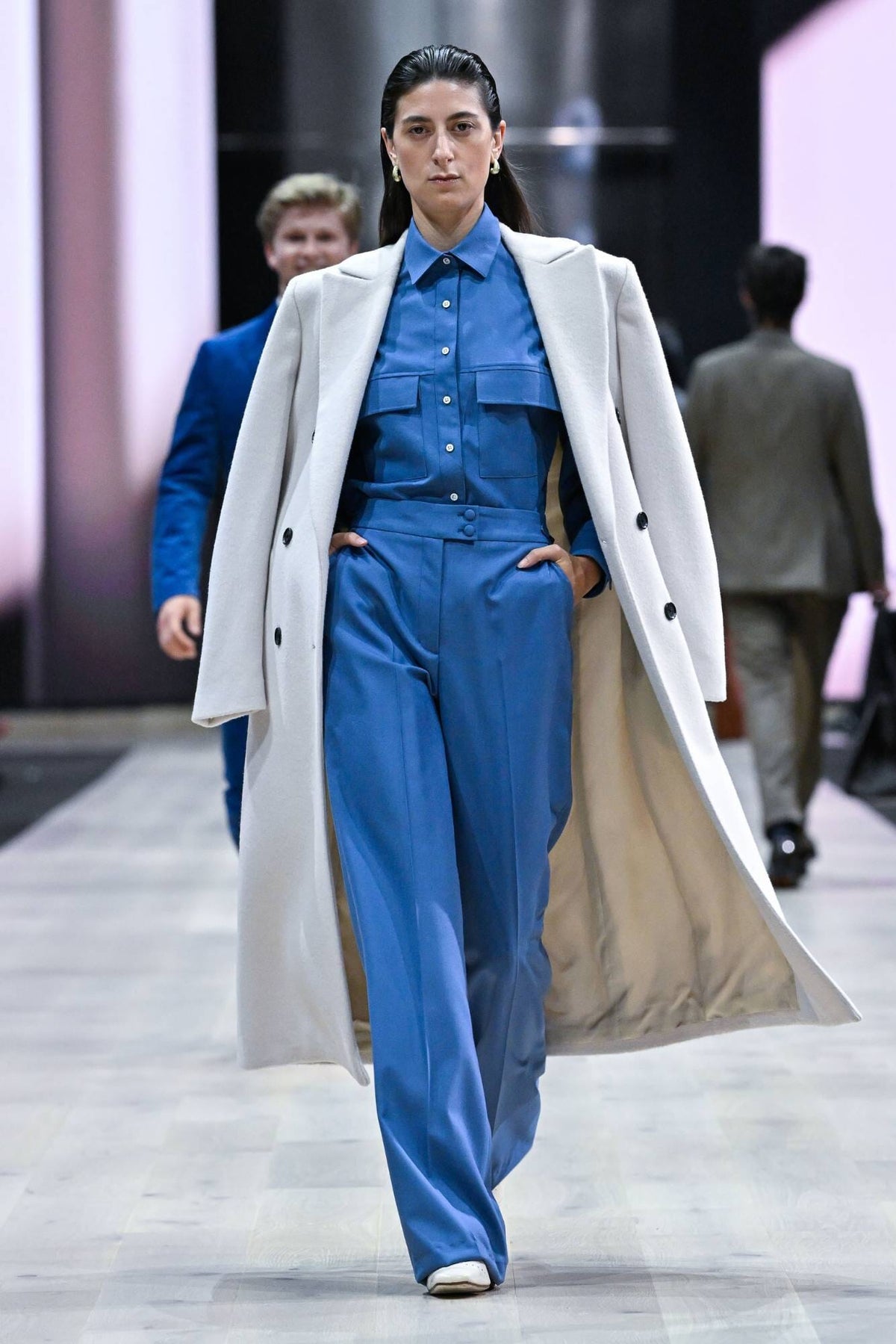 LOOK 11 - Claudia Long DB Coat in Winter White Wool + Naomi Utility Shirt in Wedgwood Blue Wool with Matching Emma Trouser