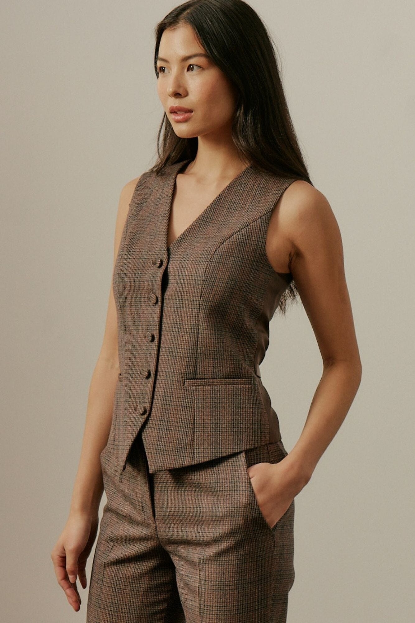 Rachel 5 Button Vest - Brown and Orange Tweed