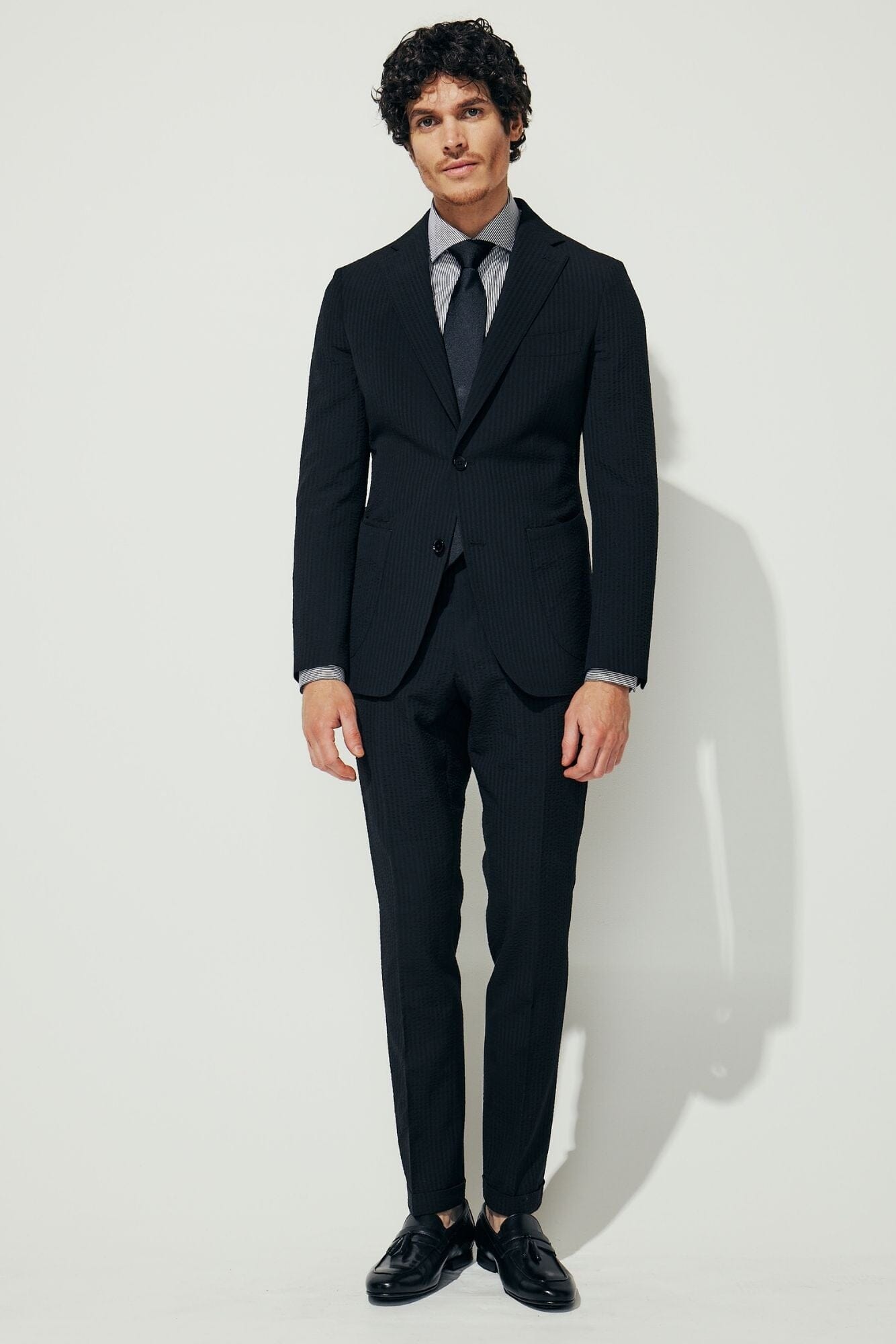The Liam Suit - Black Shadow Stripe Seersucker Wool