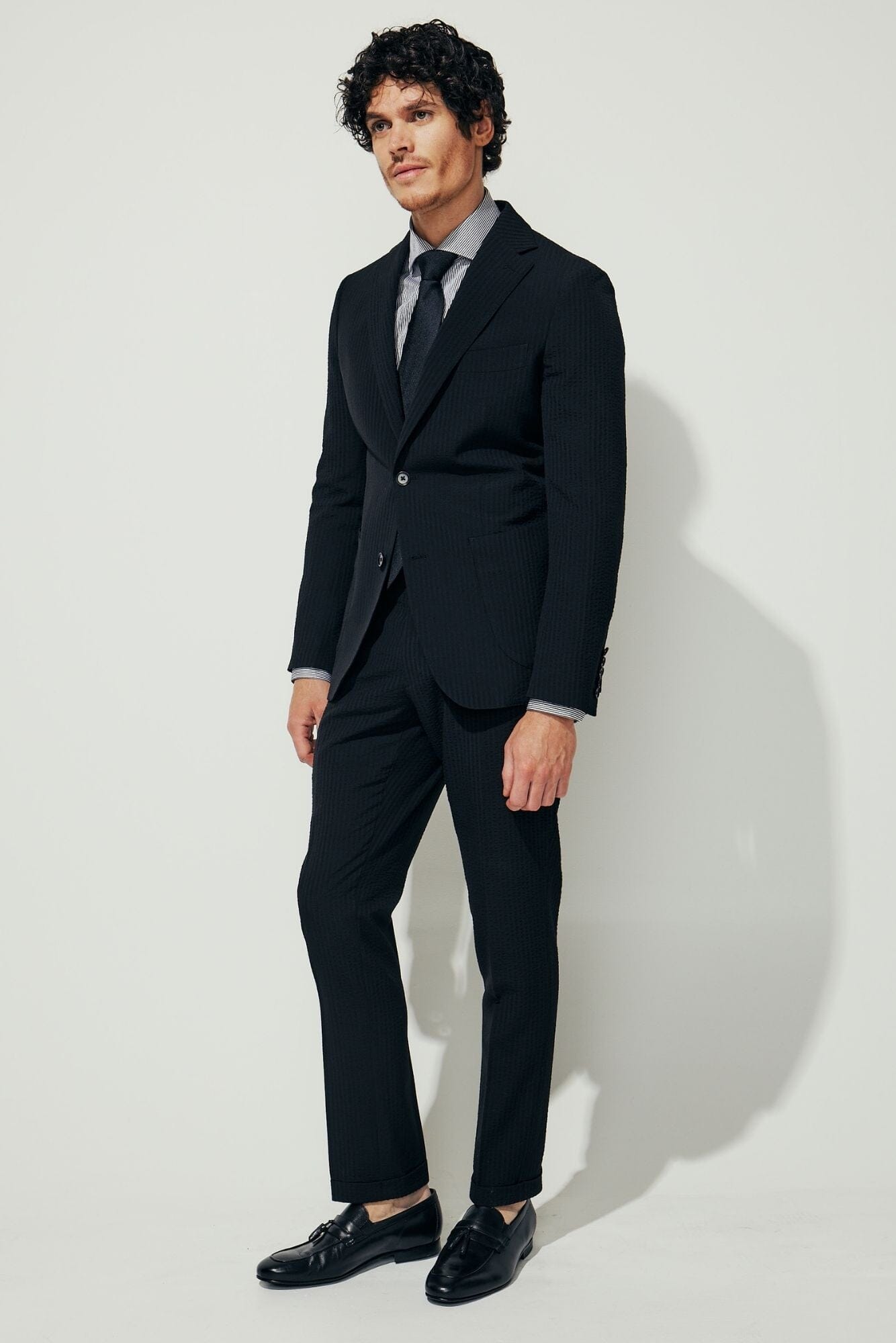 The Liam Suit - Black Shadow Stripe Seersucker Wool