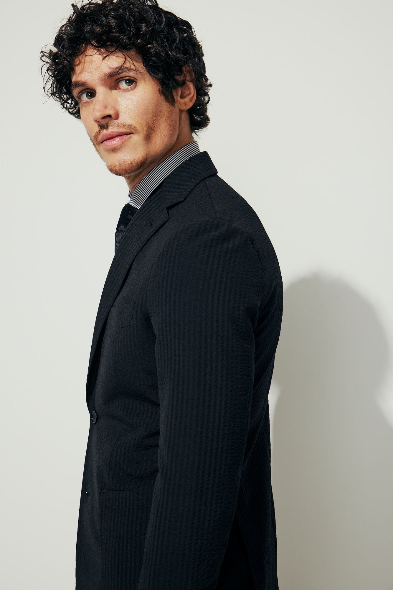 The Liam Suit - Black Shadow Stripe Seersucker Wool