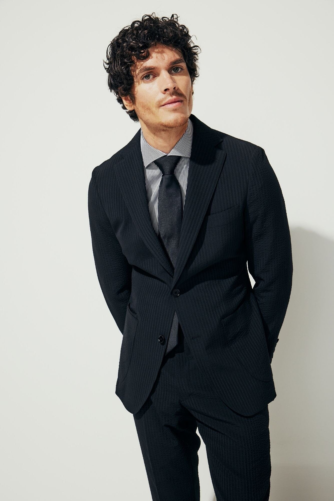 The Liam Suit - Black Shadow Stripe Seersucker Wool
