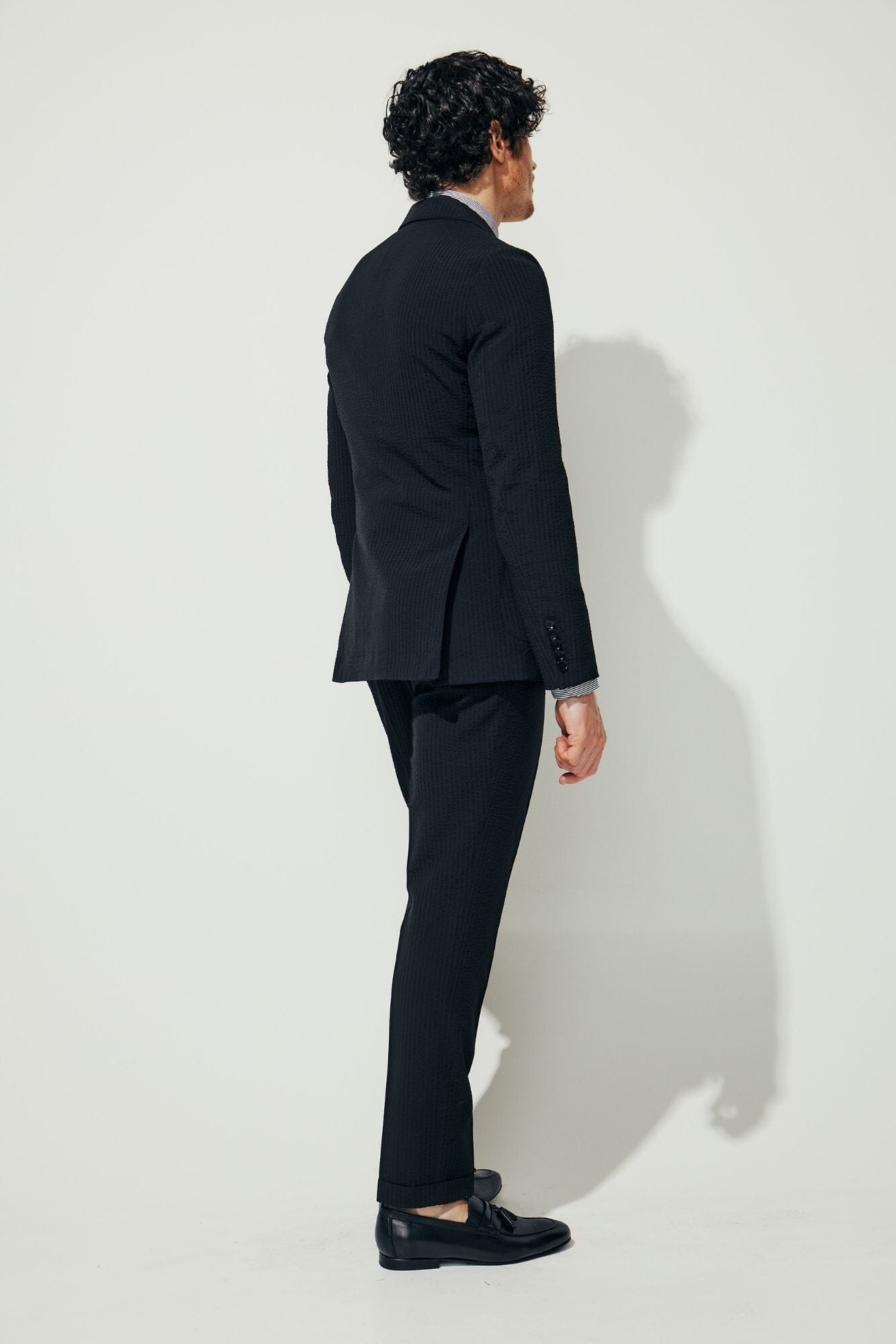 The Liam Suit - Black Shadow Stripe Seersucker Wool