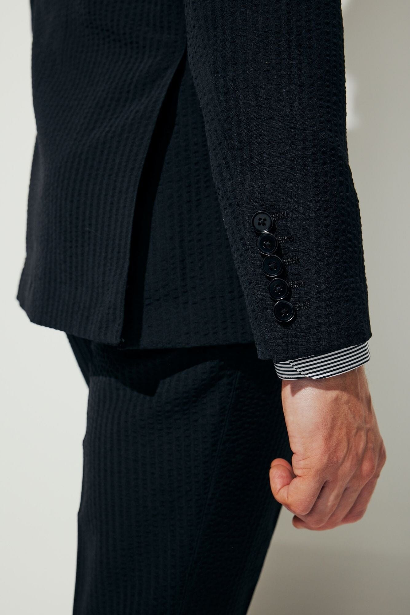 The Liam Suit - Black Shadow Stripe Seersucker Wool