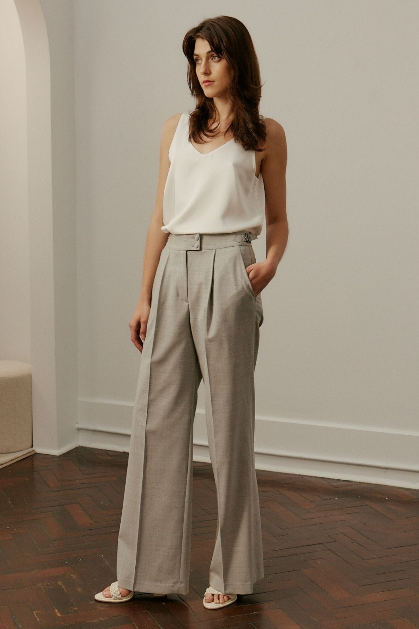 Florence Wide Leg Pant - Light Grey Wool Stretch