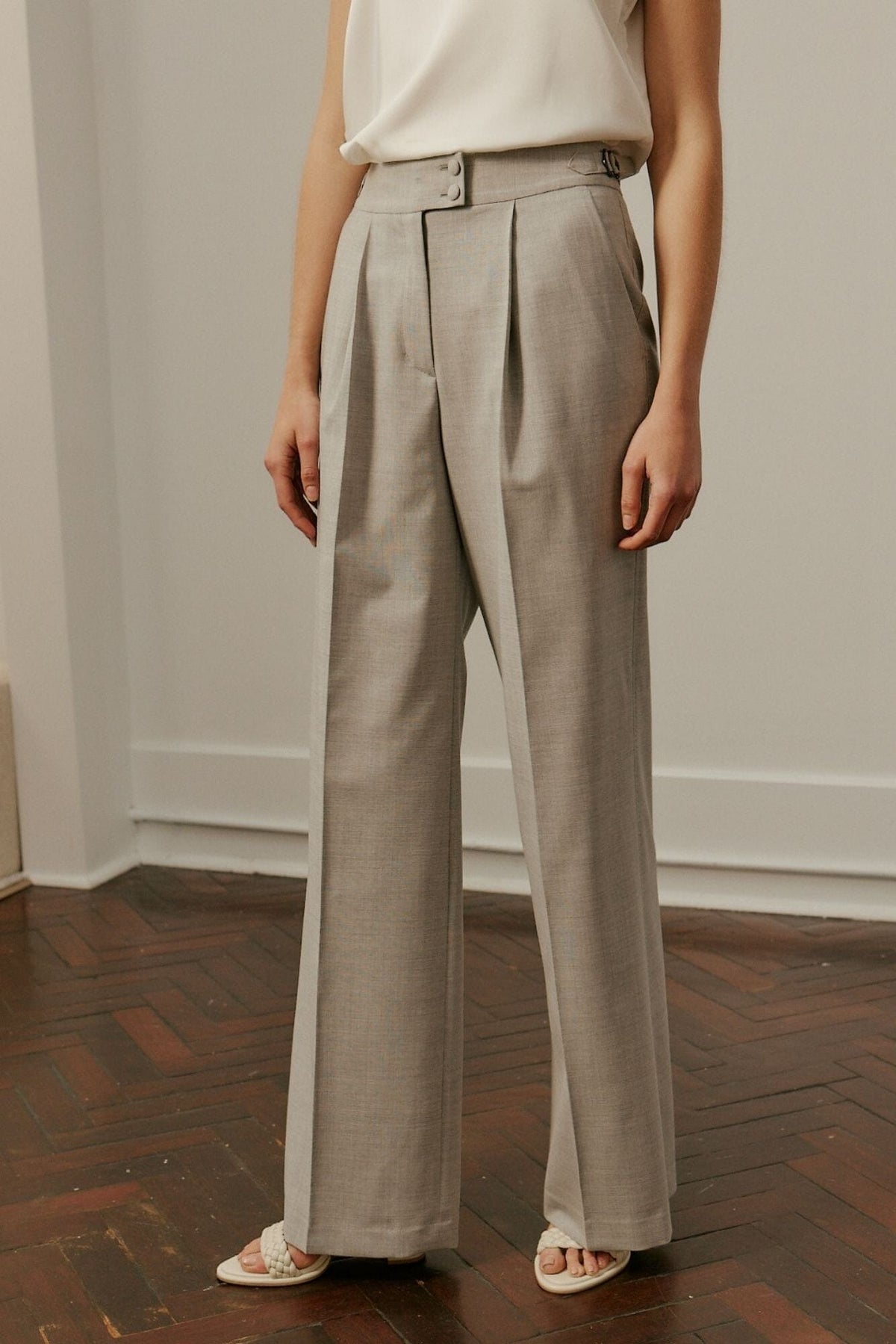 Florence Wide Leg Pant - Light Grey Wool Stretch