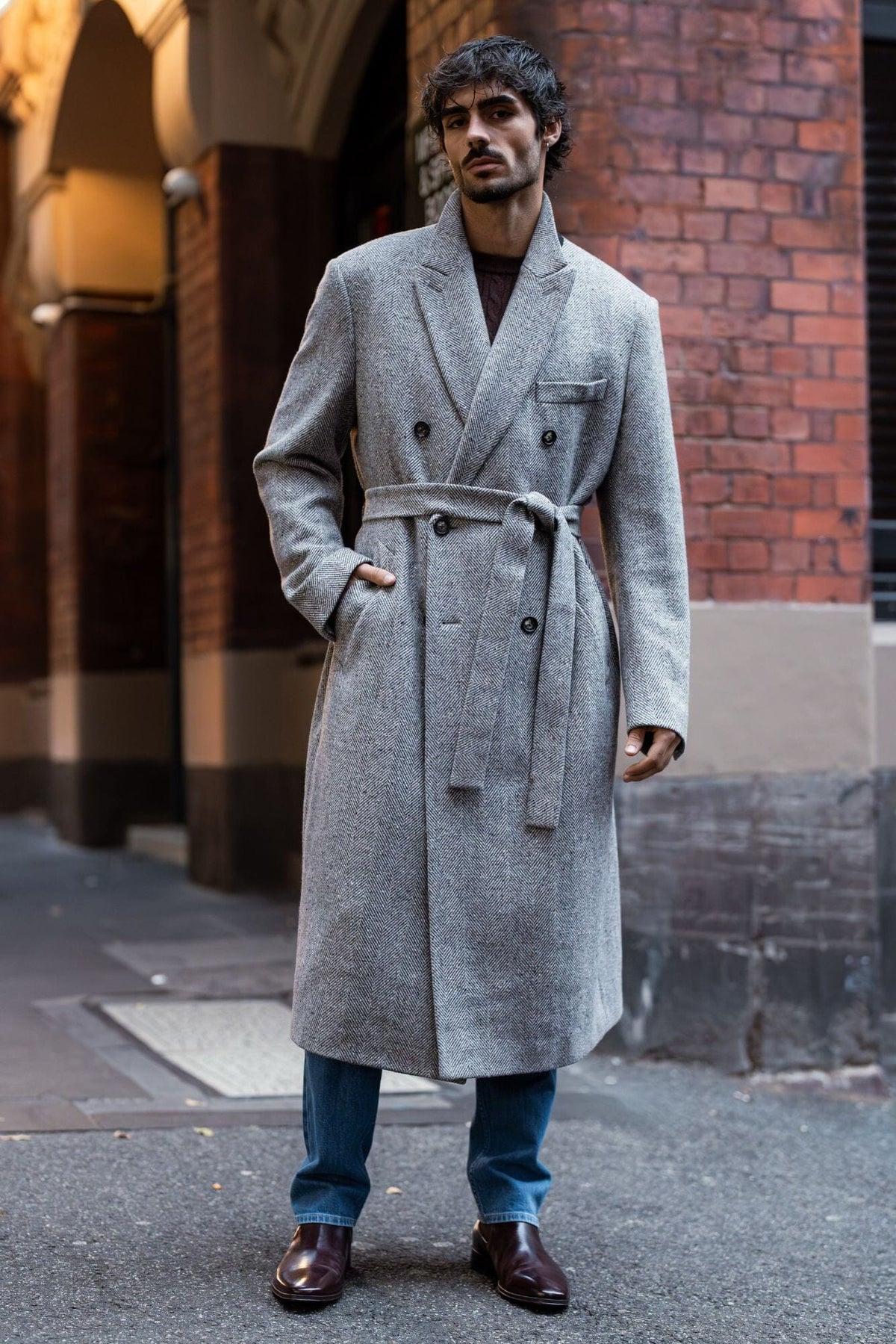 Blake (Long) Coat - Grey, Camel and White Wide Herringbone Wool