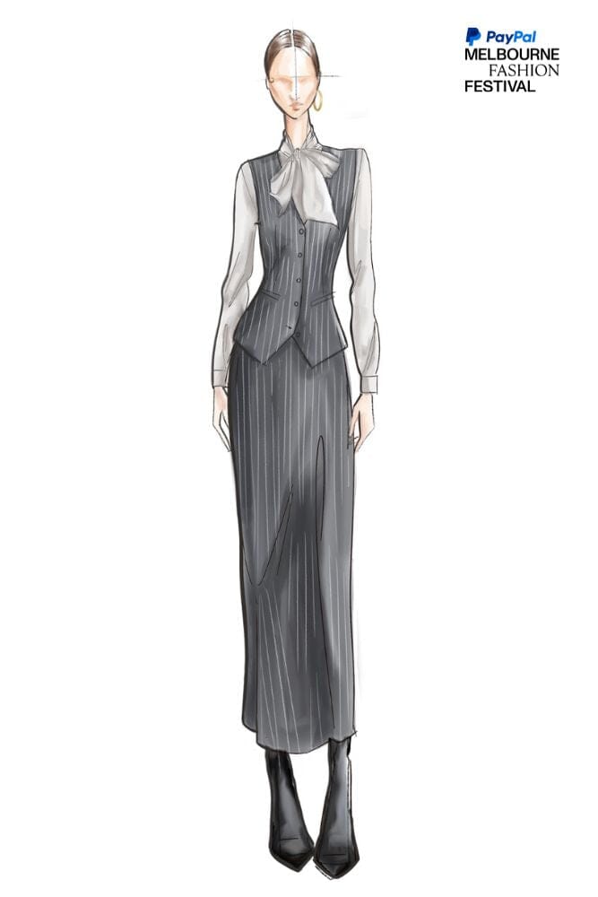 LOOK 5 - Dark Grey Chalk Stripe Aria Long Skirt With Matching Carla Vest + Grey Silk Blakely Blouse