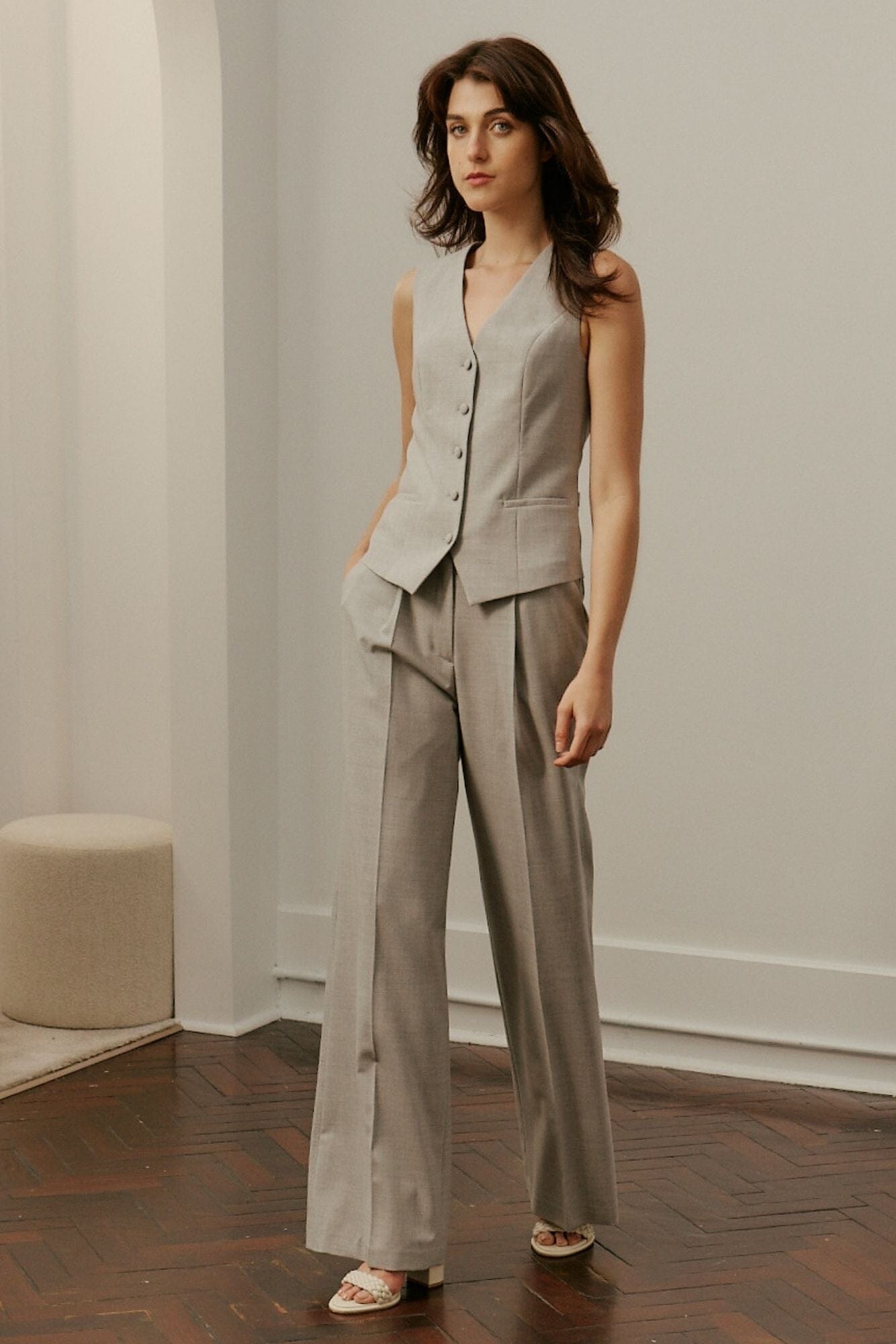 Florence Wide Leg Pant - Light Grey Wool Stretch