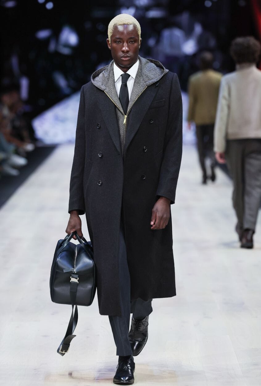 Double Breasted Peak Long Coat - Dark Brown Wide Herringbone Wool