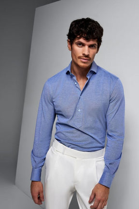 Magnus Long Sleeve Polo Shirt - Blue Cotton Pique
