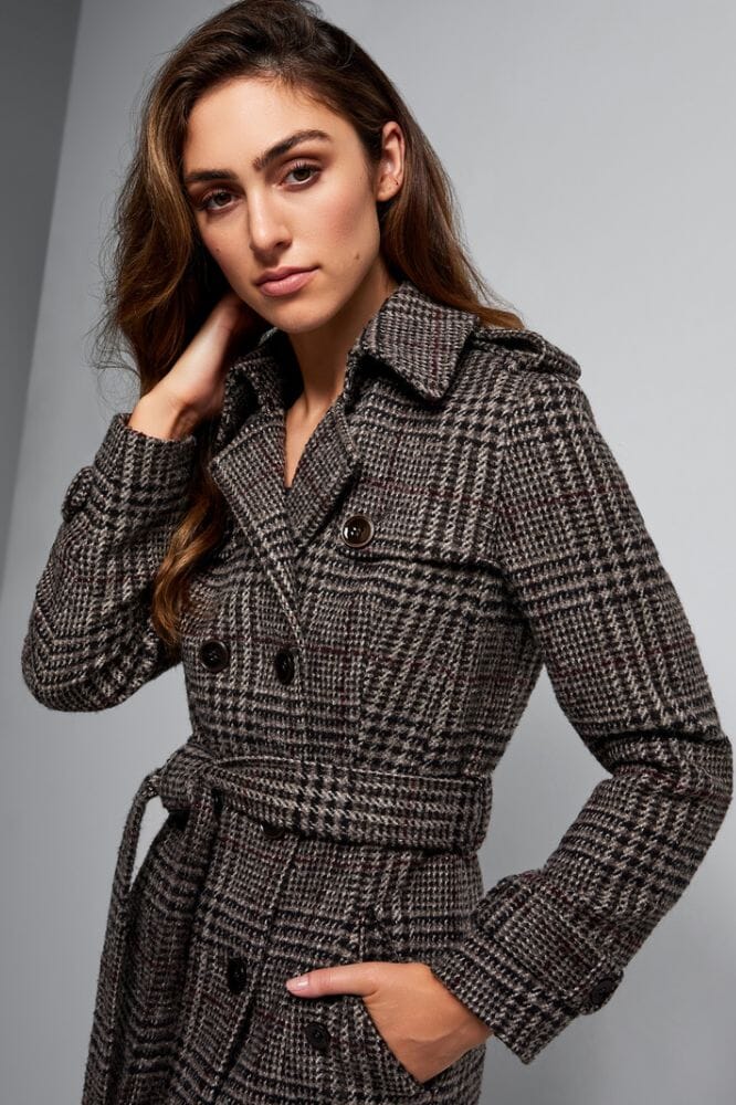 Caterina Wool Trench Coat - Brown and Burgundy Check Wool Mohair Silk