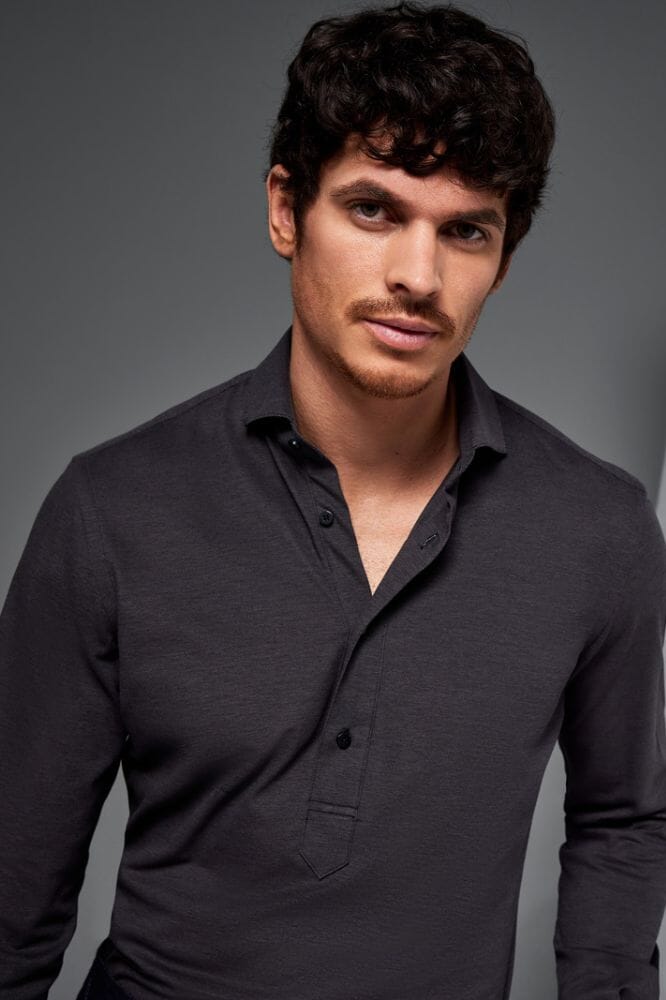 Magnus Long Sleeve Polo Shirt - Charcoal Cotton Pique