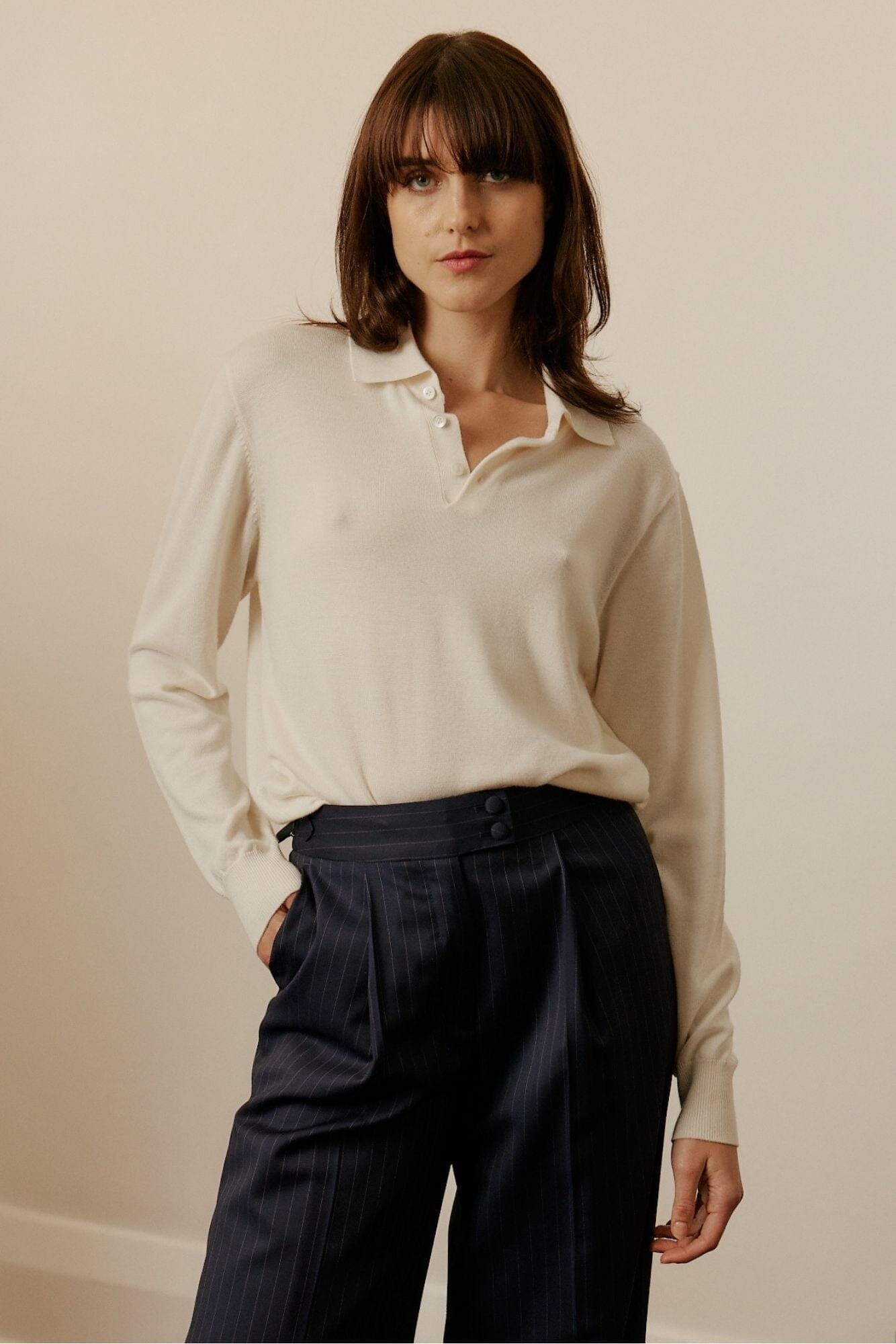 Women's Long Sleeve Polo Merino Wool Off White