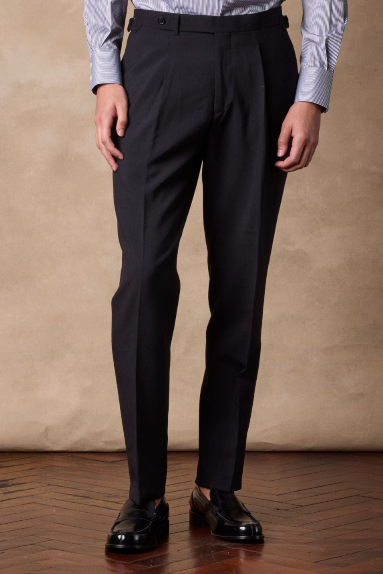Como Pleated Trouser - Blue Grey Twill with White Pin Linen