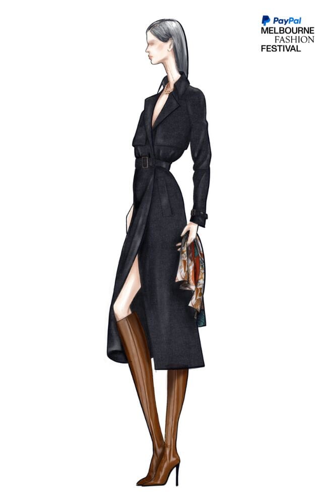 LOOK 9 - Maddie Long Trench Coat in Denim Wool Gabardine