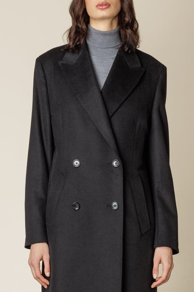 (RTW) Long 4 Button Double Breasted Broad Peak Coat - Black Wool