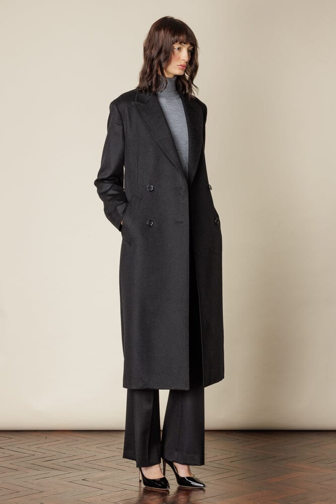 (RTW) Long 4 Button Double Breasted Broad Peak Coat - Black Wool