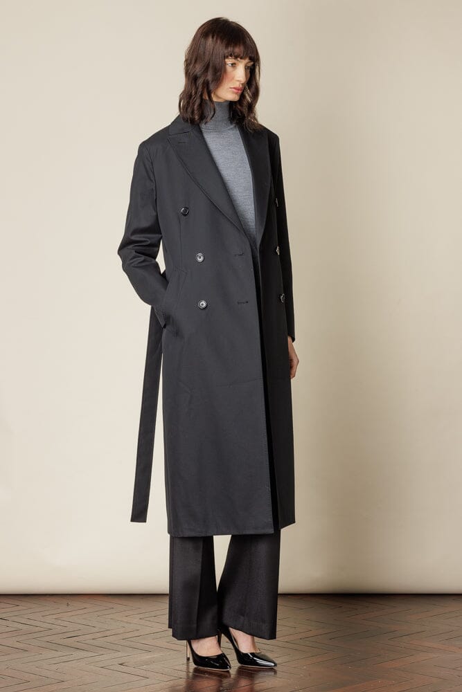 (RTW) Long Double Breasted Trench Coat with Belt - Black Cotton Gabardine