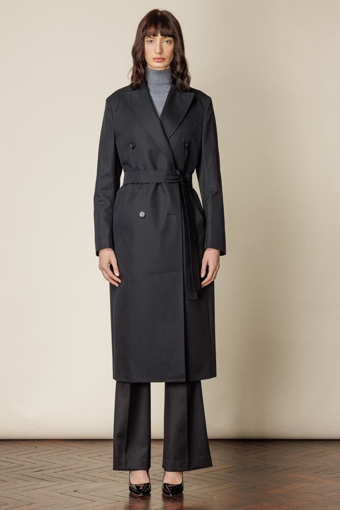 RTW Long Double Breasted Trench Coat with Belt Black Cotton Gabardine