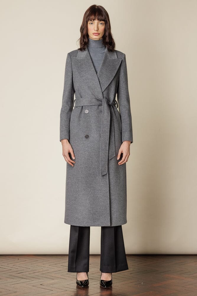 Dita Wide Peak Coat Belted Grey Wool Cashmere