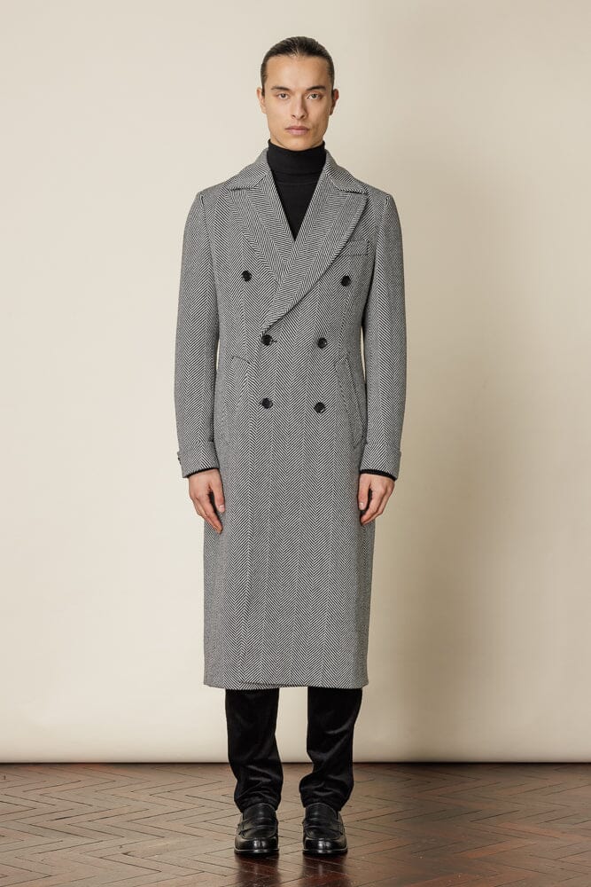 The Macpherson Long Overcoat - Black & White Wide Herringbone