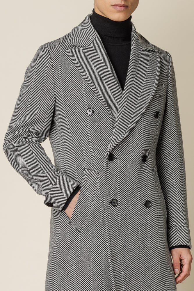 The Macpherson Long Overcoat - Black & White Wide Herringbone