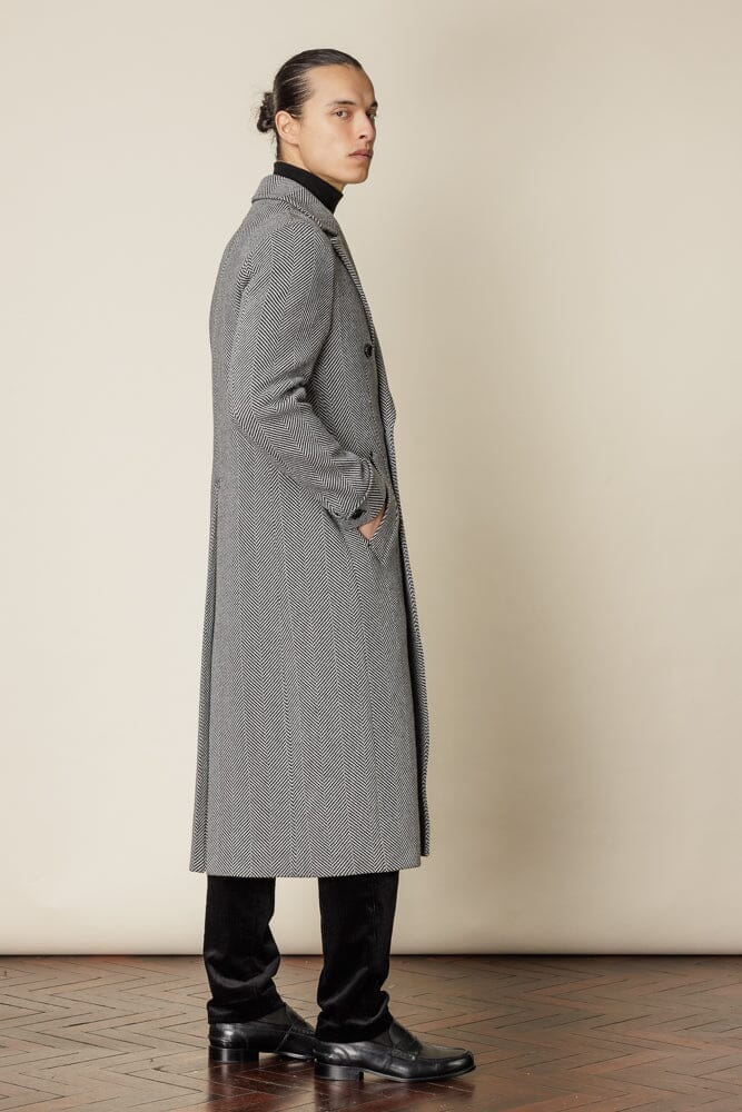 The Macpherson Long Overcoat - Black & White Wide Herringbone