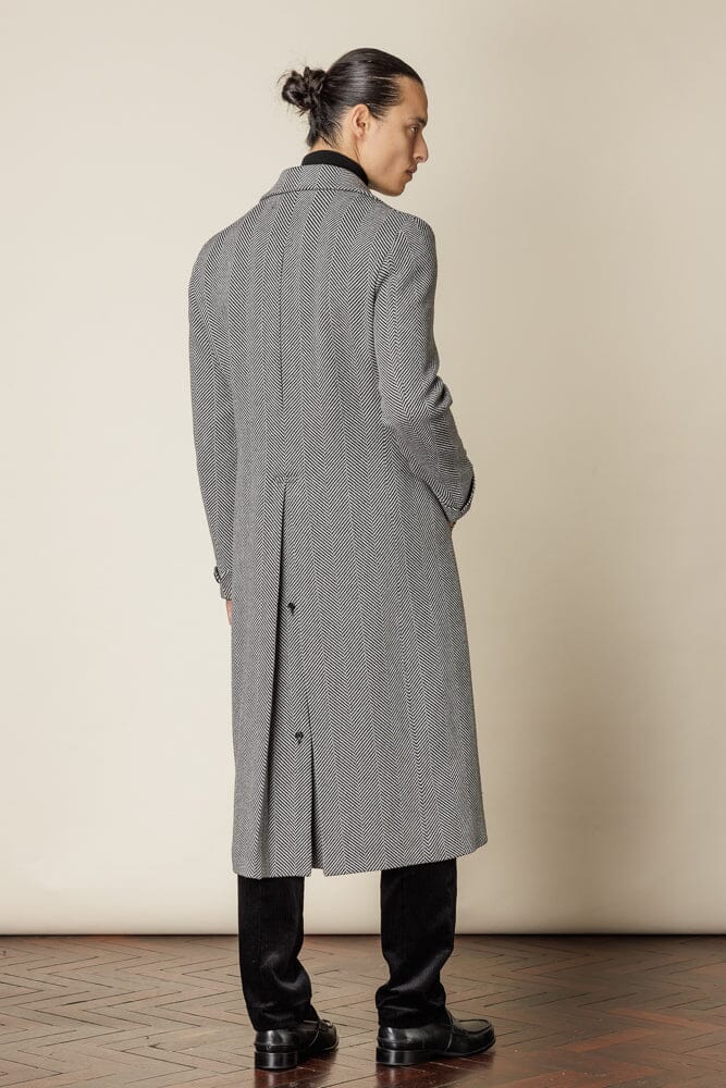 The Macpherson Long Overcoat - Black & White Wide Herringbone