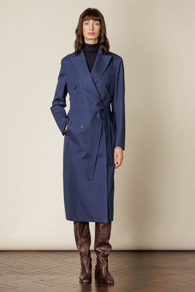 (RTW) Long Double Breasted Trench Coat with Belt - Blue Cotton Gabardine