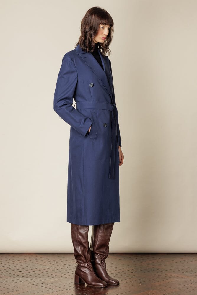 (RTW) Long Double Breasted Trench Coat with Belt - Blue Cotton Gabardine