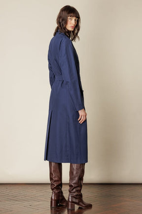 (RTW) Long Double Breasted Trench Coat with Belt - Blue Cotton Gabardine