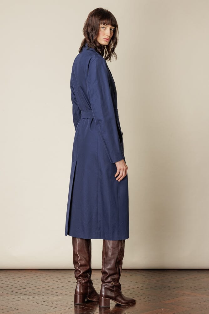 (RTW) Long Double Breasted Trench Coat with Belt - Blue Cotton Gabardine