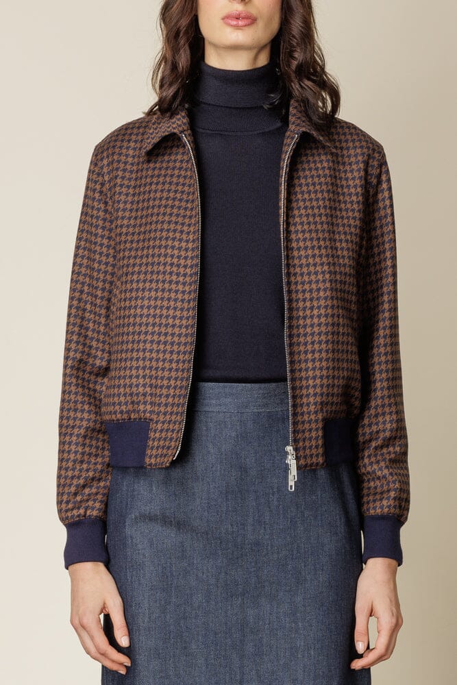 Sky Bomber Jacket -  Brown and Navy Houndstooth Wool