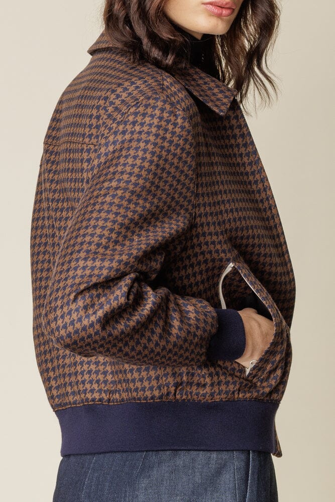 Sky Womens Bomber Jacket -  Brown and Navy Houndstooth Wool