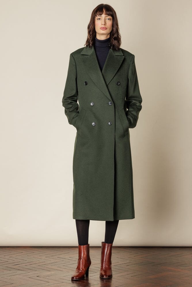 RTW) Long Button Double Breasted Broad Peak Coat Olive Wool
