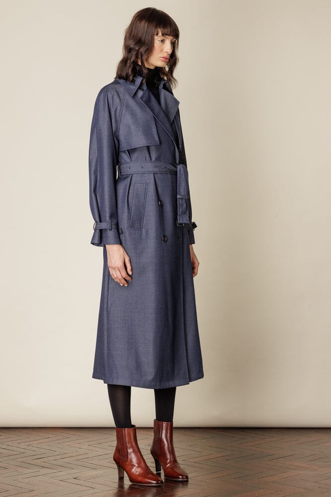 Maddie Trench Coat - Denim Blue Wool Gabardine