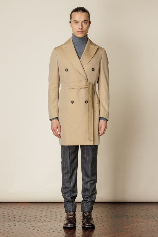 (RTW) Mid Length Double Breasted Trench Coat with Belt - Sand Cotton