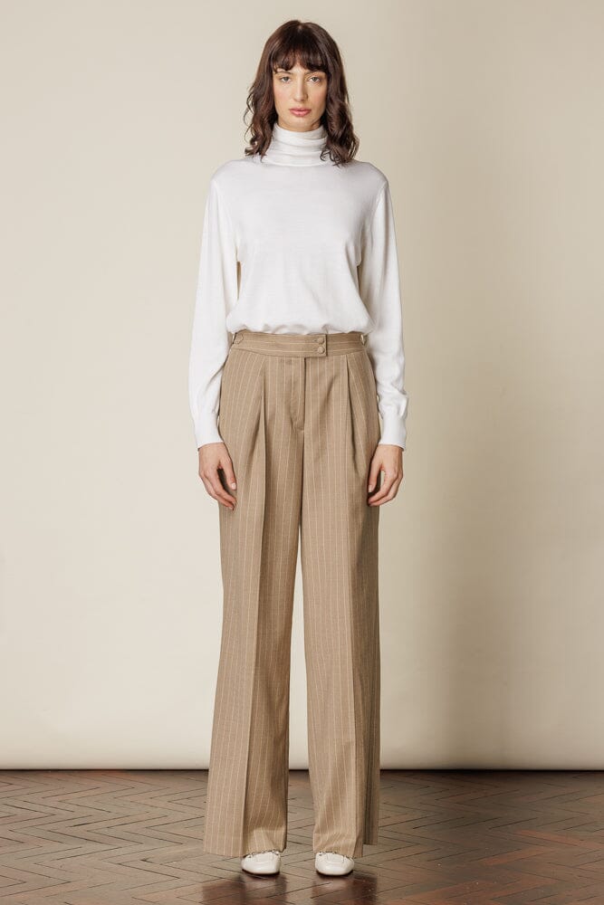 Emma Wide Leg Pant (with pleats) - Camel Stripe Flannel