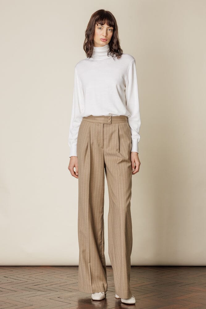 Emma Wide Leg Pant (with pleats) - Camel Stripe Flannel