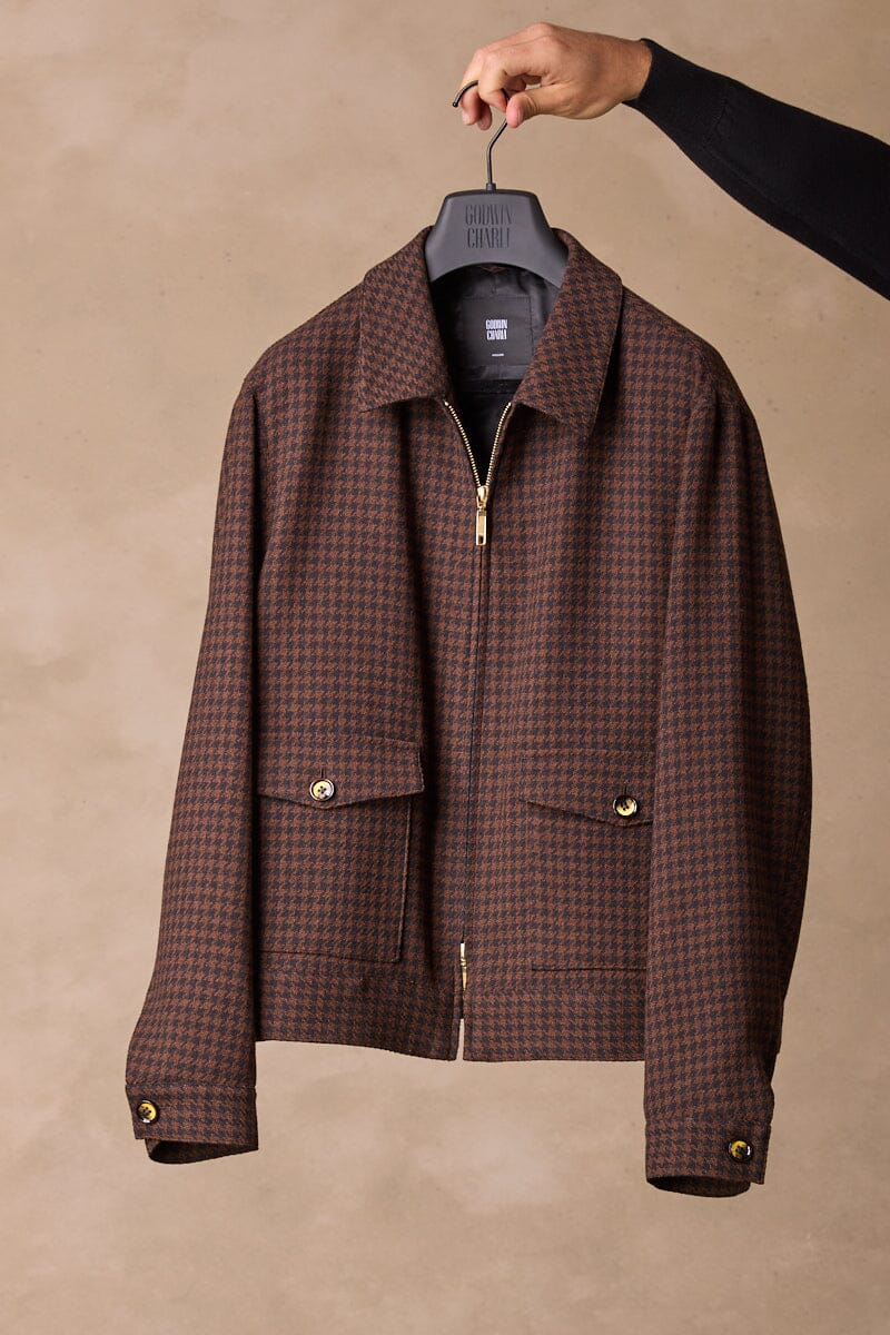 Blouson Jacket - Black and Brown Gold Houndstooth