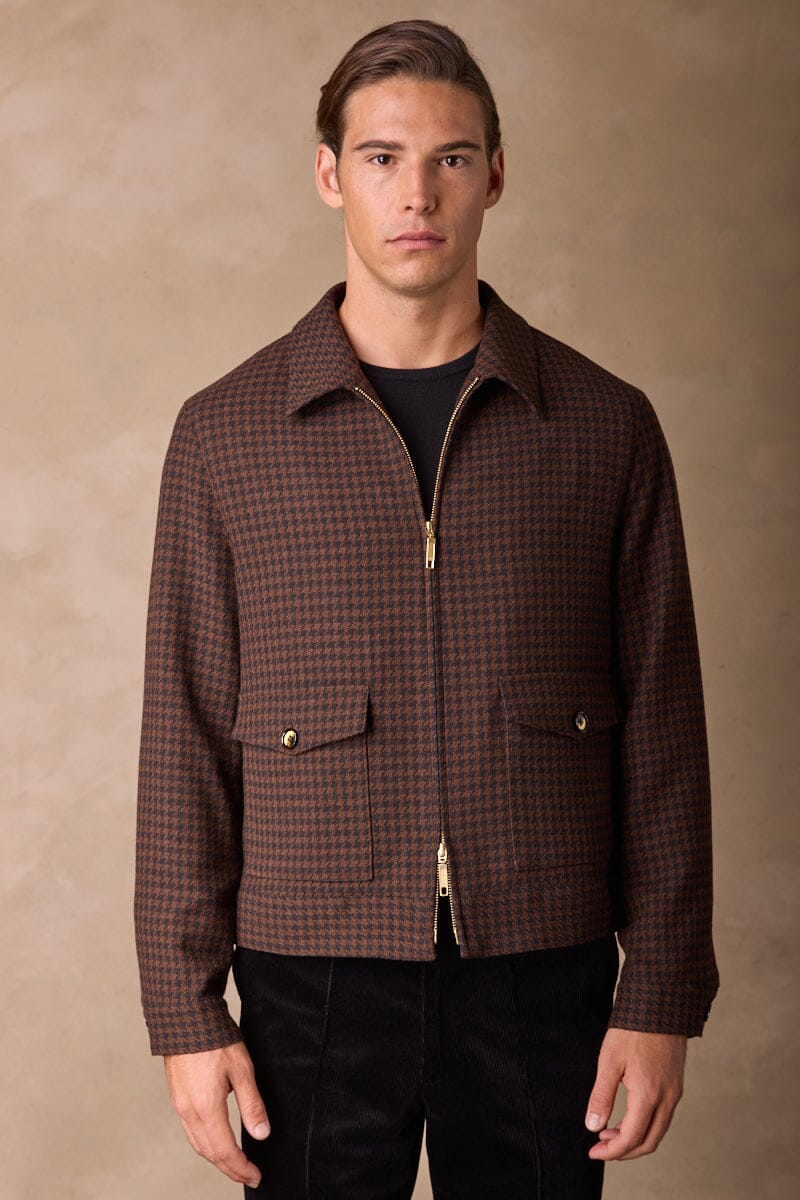 Blouson Jacket - Black and Brown Gold Houndstooth