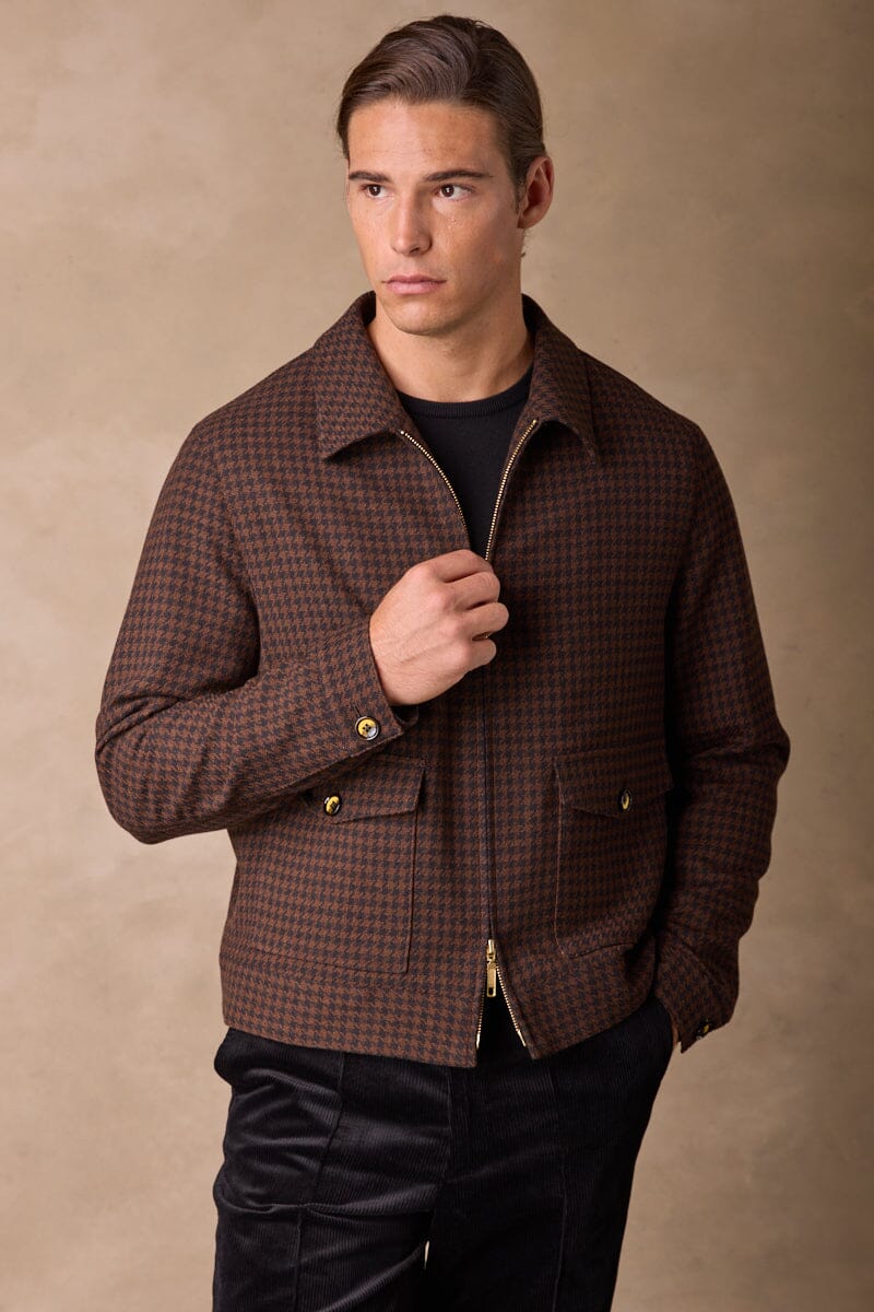 Blouson Jacket - Black and Brown Gold Houndstooth