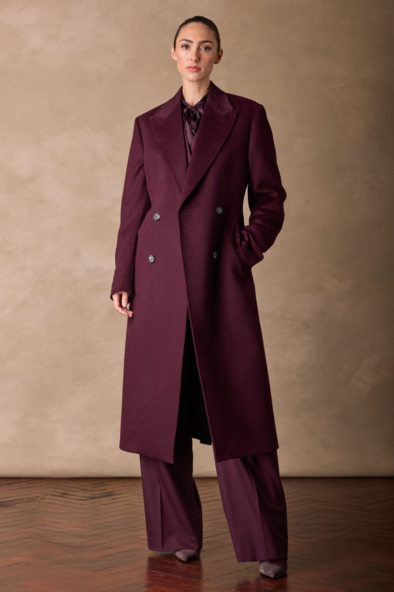 Dita Wide Peak Coat (Belted) - Burgundy Wool