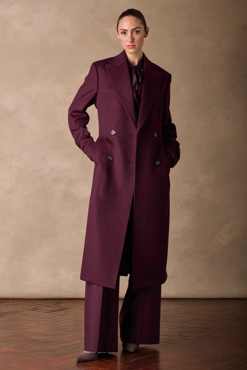Dita Wide Peak Coat (Belted) - Burgundy Wool